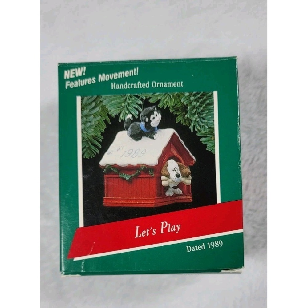 Vtg 1989 Hallmark Lets Play Ornament Dog Cat Doghouse Christmas Tree‎ Keepsake